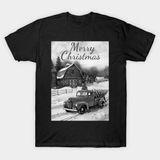 Black and white vintage car movie style Merry Christmas T-Shirt